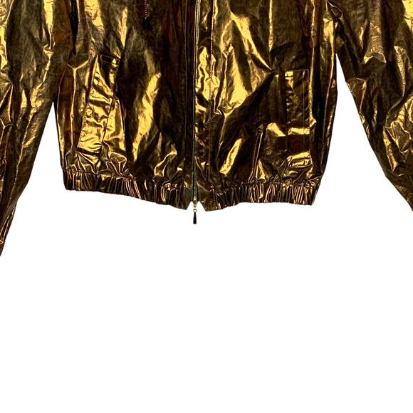 Escada IT36 Small Gold Poly Metallic Zip Up Jacket Crinkle Hooded Designer Lux - Picture 6 of 9